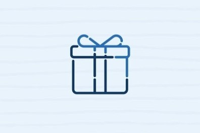 Minimalist icon of a gift box with a bow on a light striped background.